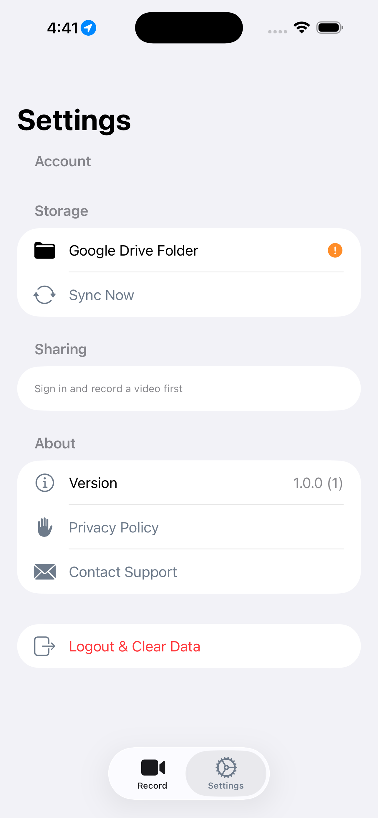 Settings screen
